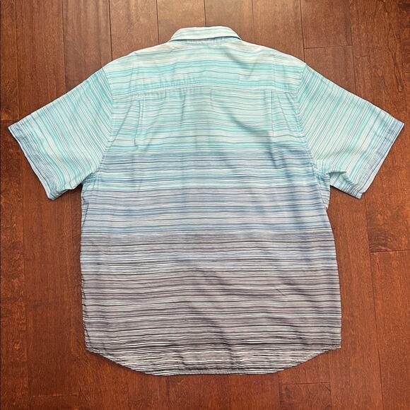 Tommy Bahama Aqua and Blue Striped Tencel and CoolMax Polyester Shirt, Size XL - Picture 11 of 16